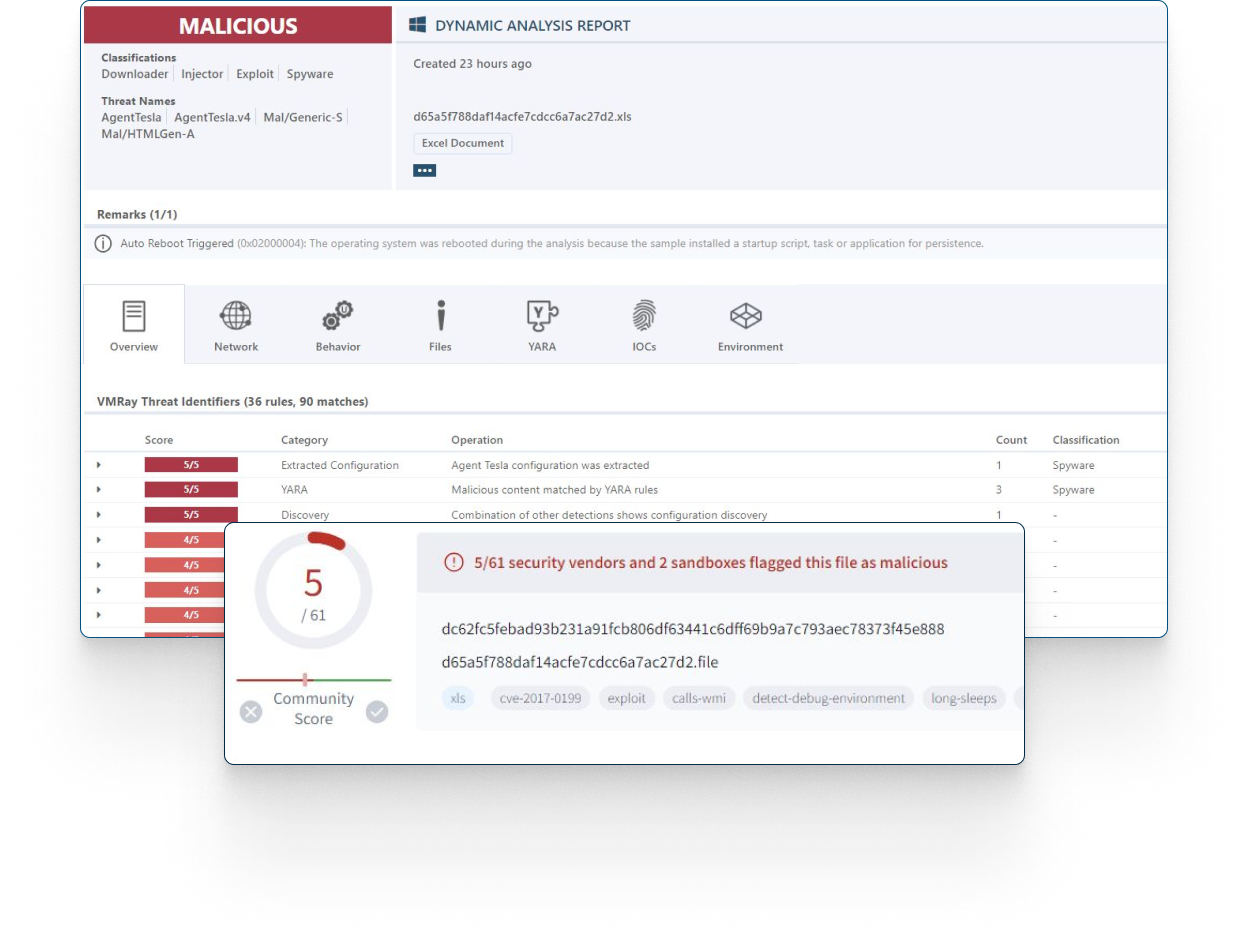 VMRayがAgent TeslaをMaliciousと判定し、VirusTotal 5/61の掲載値を示す公開解析画面